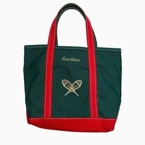 LL Bean Boat Tote Bag Emerald Green Red Trim Embroidered Geraldine Canvas